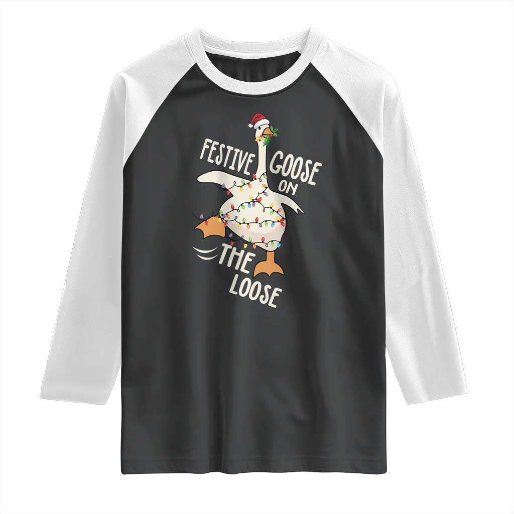 Funny Goose Christmas Raglan Shirt Festive Goose On The Loose Xmas Lights - Wonder Print Shop
