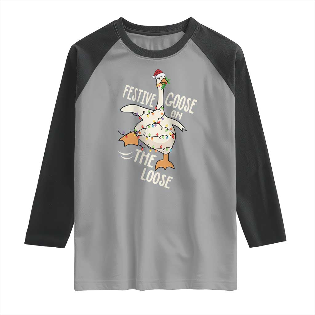 Funny Goose Christmas Raglan Shirt Festive Goose On The Loose Xmas Lights - Wonder Print Shop