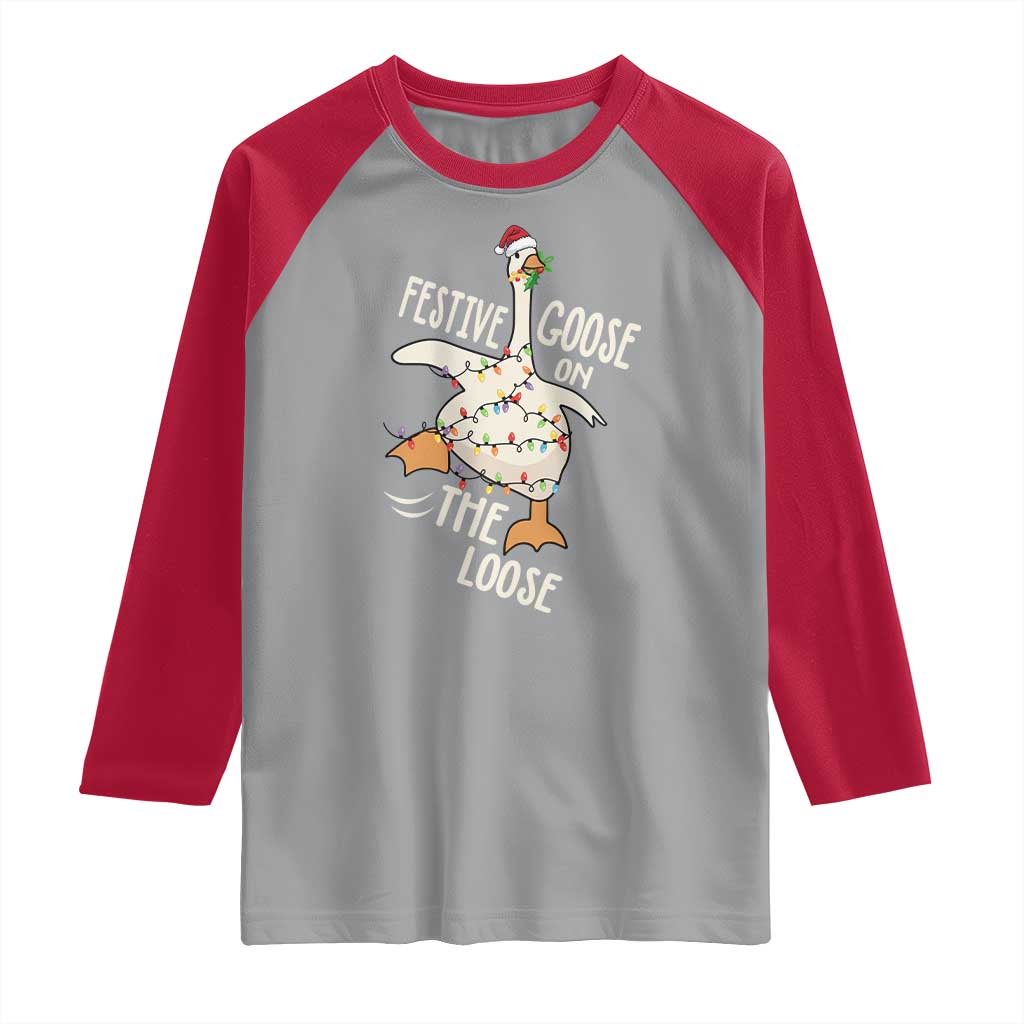 Funny Goose Christmas Raglan Shirt Festive Goose On The Loose Xmas Lights - Wonder Print Shop