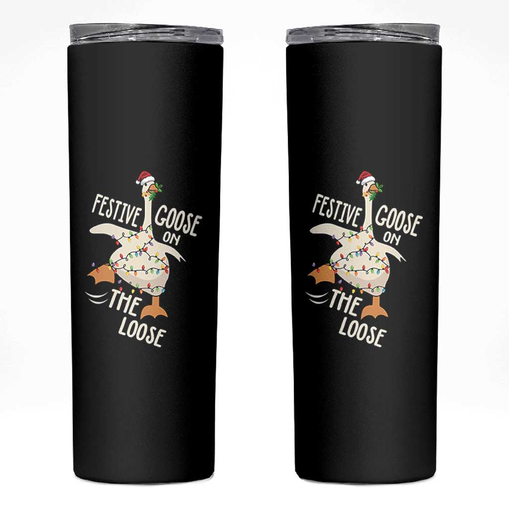 Funny Goose Christmas Skinny Tumbler Festive Goose On The Loose Xmas Lights - Wonder Print Shop
