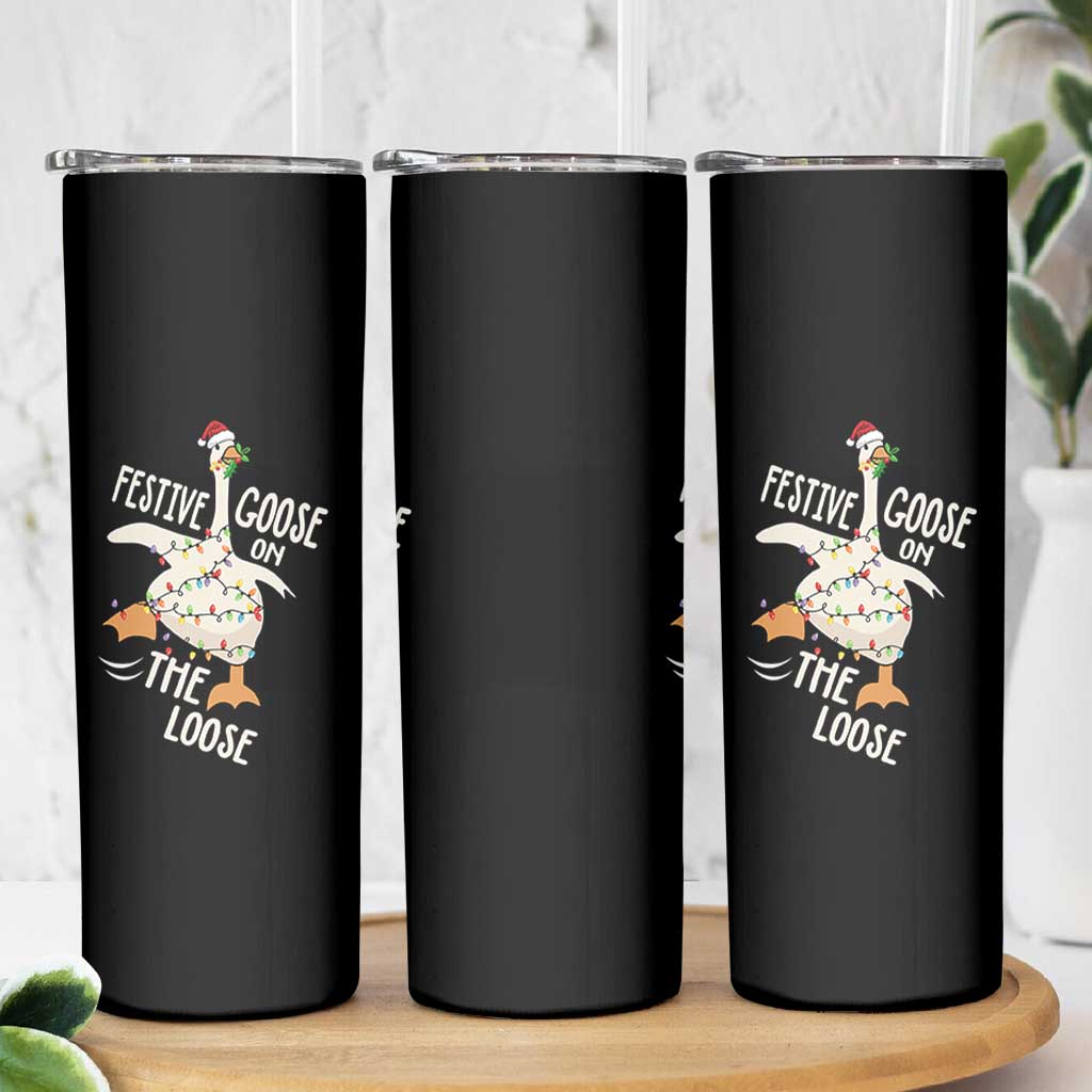 Funny Goose Christmas Skinny Tumbler Festive Goose On The Loose Xmas Lights - Wonder Print Shop