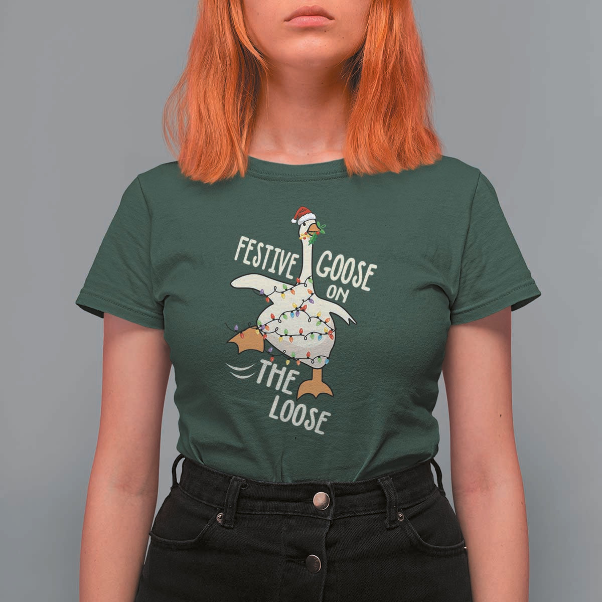 Funny Goose Christmas T Shirt For Women Festive Goose On The Loose Xmas Lights - Wonder Print Shop