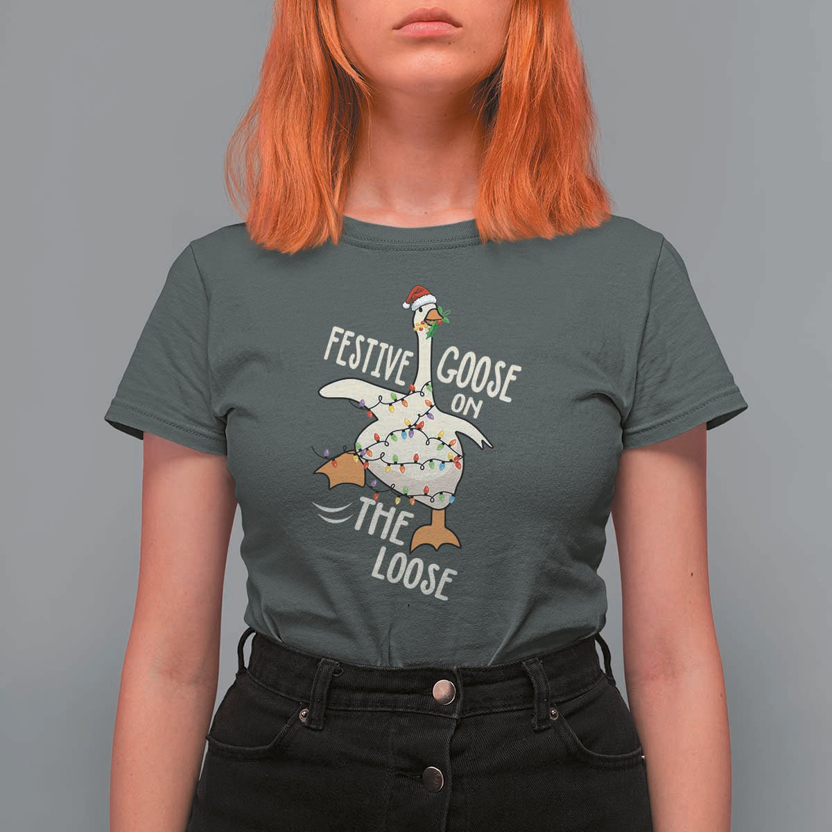 Funny Goose Christmas T Shirt For Women Festive Goose On The Loose Xmas Lights - Wonder Print Shop