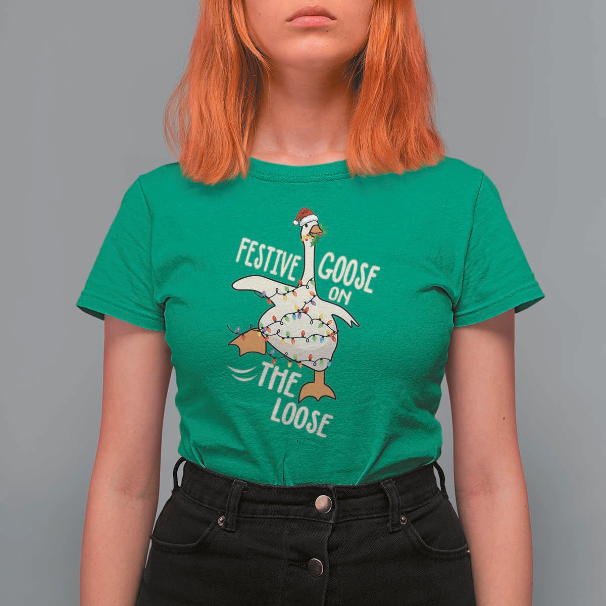 Funny Goose Christmas T Shirt For Women Festive Goose On The Loose Xmas Lights - Wonder Print Shop