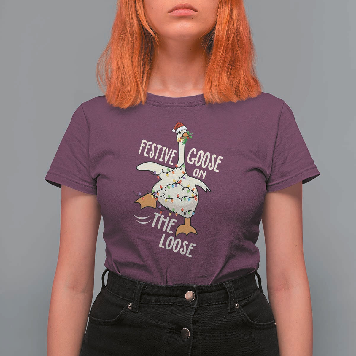 Funny Goose Christmas T Shirt For Women Festive Goose On The Loose Xmas Lights - Wonder Print Shop