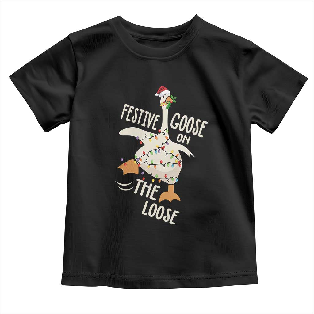 Funny Goose Christmas Toddler T Shirt Festive Goose On The Loose Xmas Lights - Wonder Print Shop