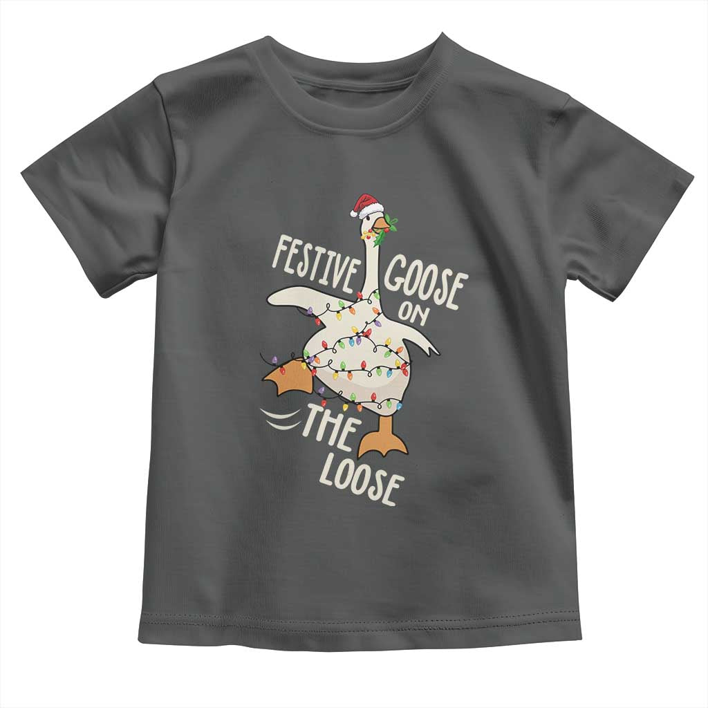 Funny Goose Christmas Toddler T Shirt Festive Goose On The Loose Xmas Lights - Wonder Print Shop
