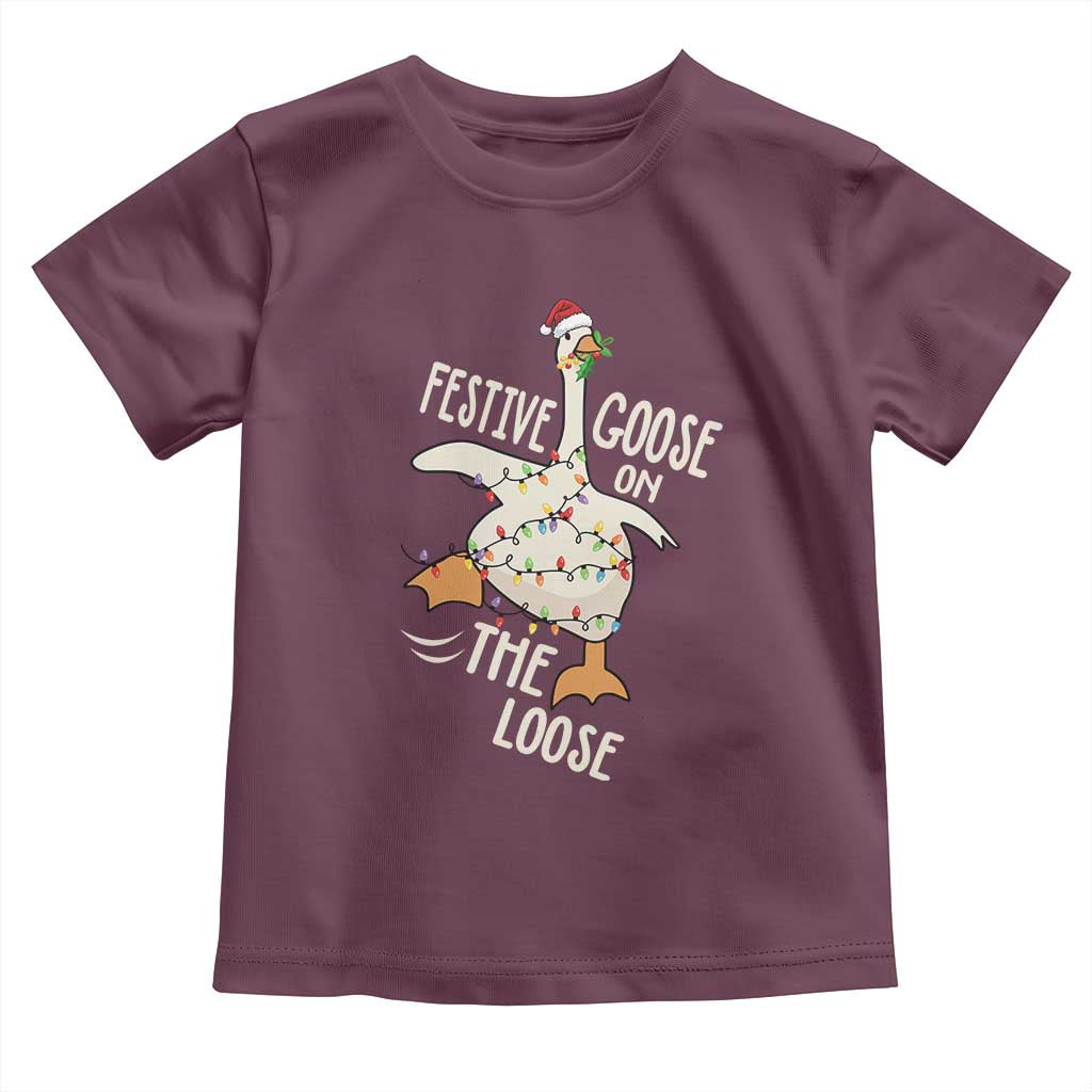 Funny Goose Christmas Toddler T Shirt Festive Goose On The Loose Xmas Lights - Wonder Print Shop
