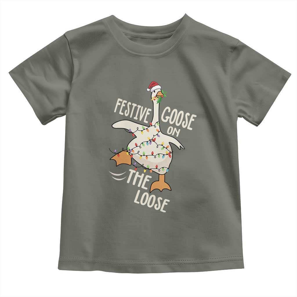 Funny Goose Christmas Toddler T Shirt Festive Goose On The Loose Xmas Lights - Wonder Print Shop