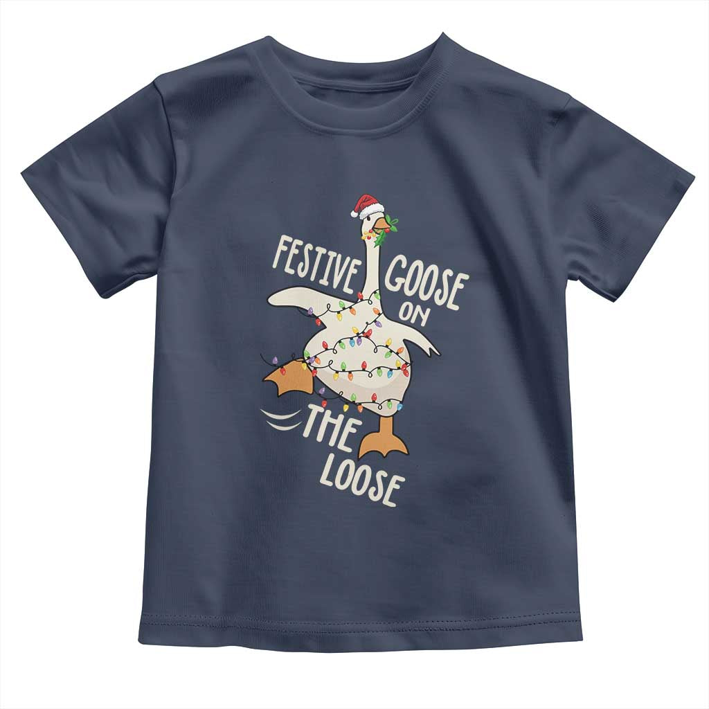 Funny Goose Christmas Toddler T Shirt Festive Goose On The Loose Xmas Lights - Wonder Print Shop