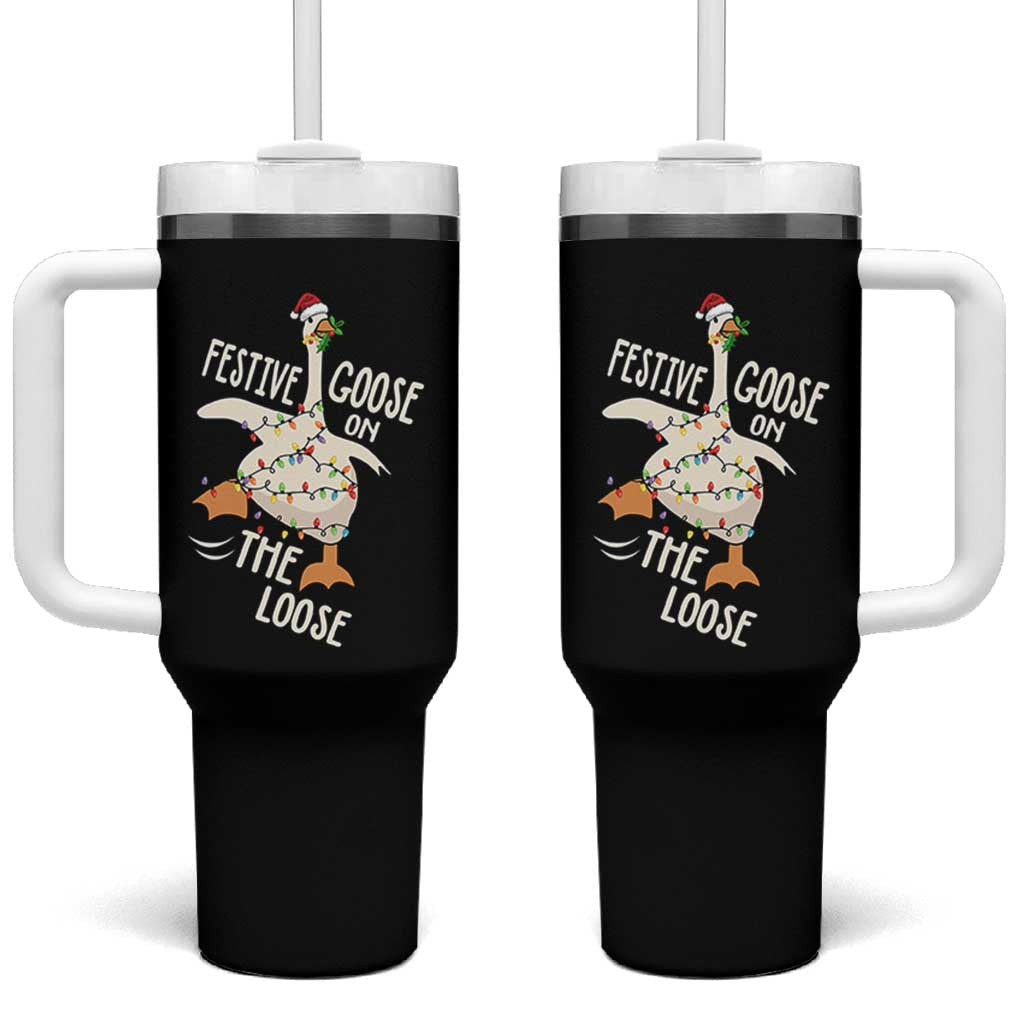 Funny Goose Christmas Tumbler With Handle Festive Goose On The Loose Xmas Lights - Wonder Print Shop