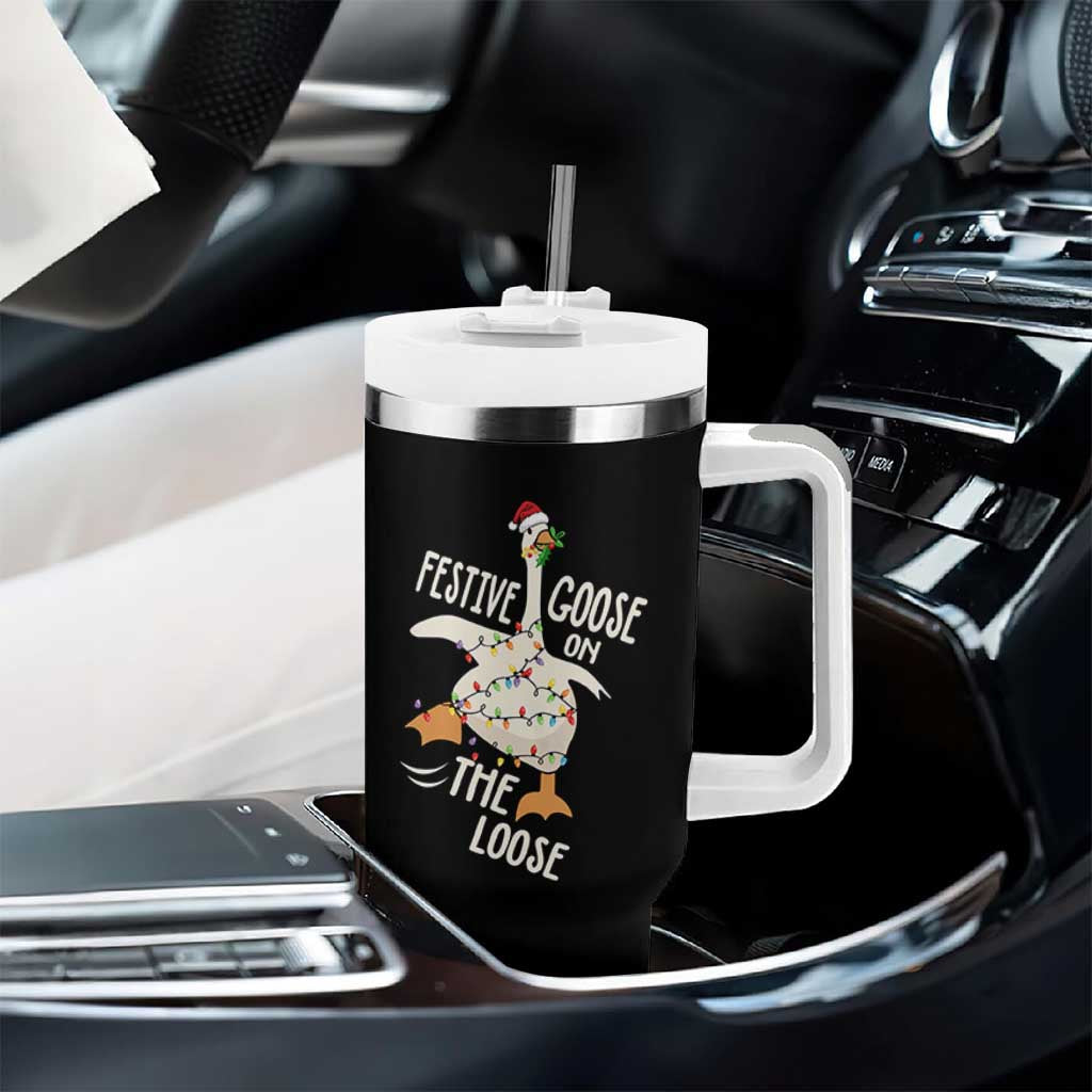 Funny Goose Christmas Tumbler With Handle Festive Goose On The Loose Xmas Lights - Wonder Print Shop