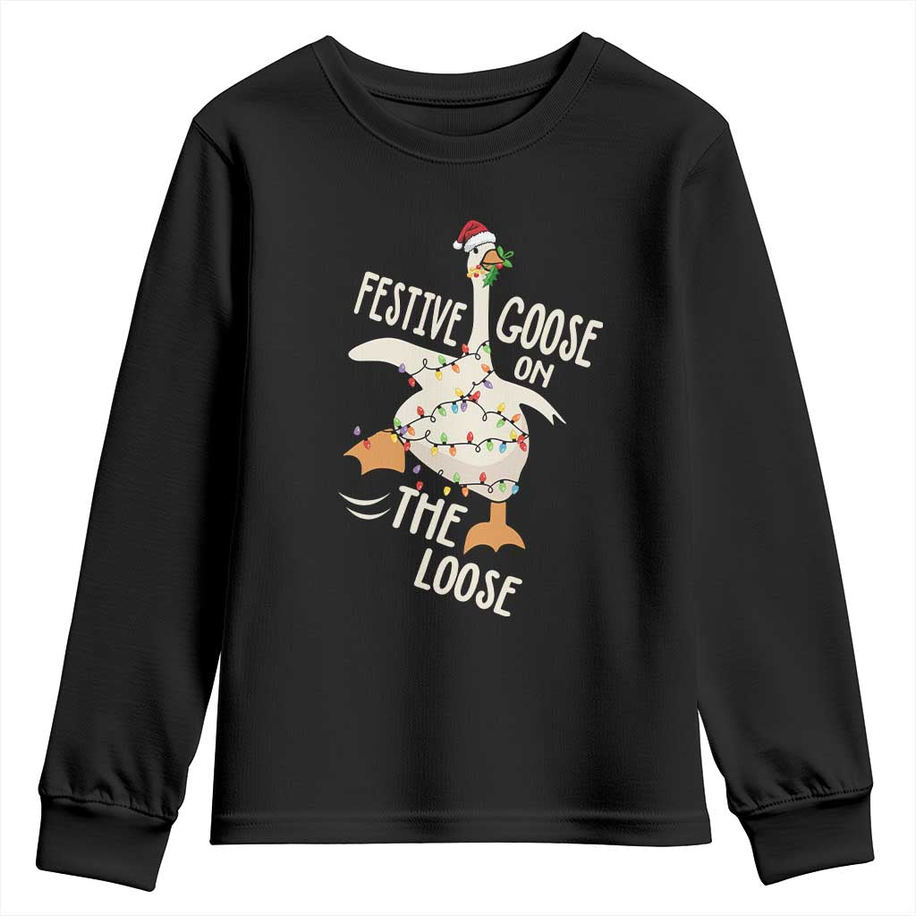 Funny Goose Christmas Youth Sweatshirt Festive Goose On The Loose Xmas Lights - Wonder Print Shop