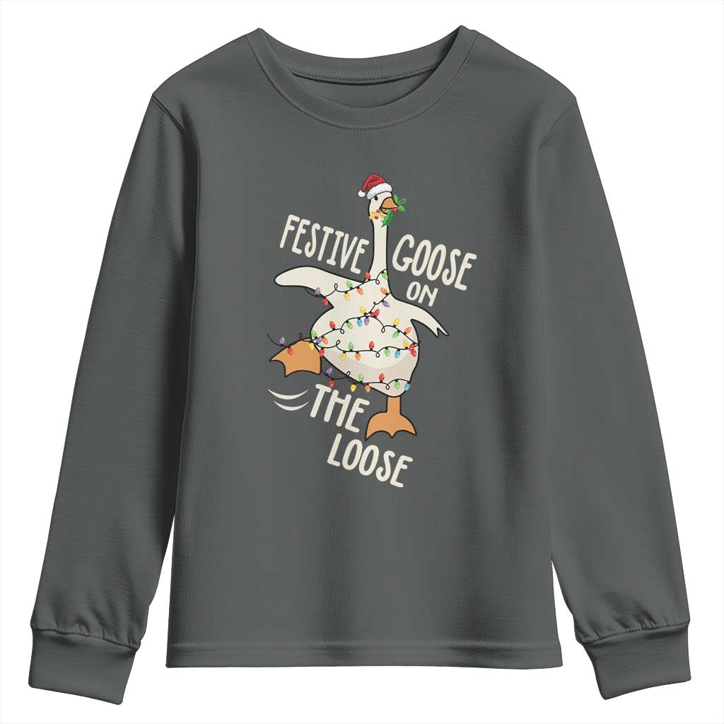 Funny Goose Christmas Youth Sweatshirt Festive Goose On The Loose Xmas Lights - Wonder Print Shop
