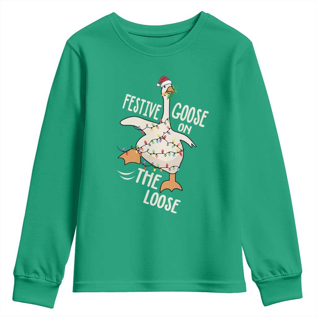 Funny Goose Christmas Youth Sweatshirt Festive Goose On The Loose Xmas Lights - Wonder Print Shop