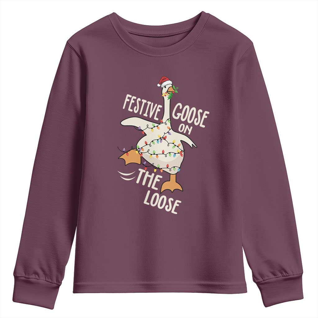 Funny Goose Christmas Youth Sweatshirt Festive Goose On The Loose Xmas Lights - Wonder Print Shop