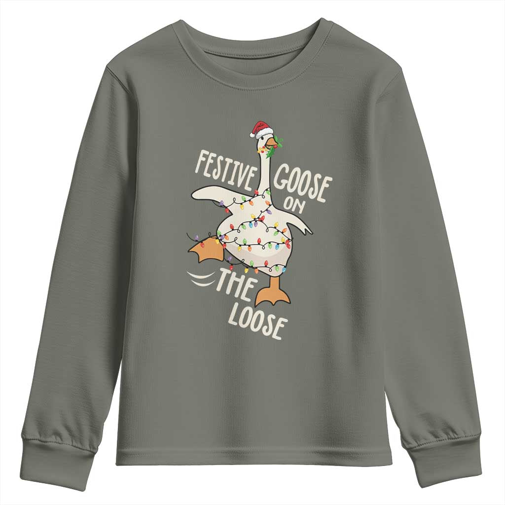 Funny Goose Christmas Youth Sweatshirt Festive Goose On The Loose Xmas Lights - Wonder Print Shop