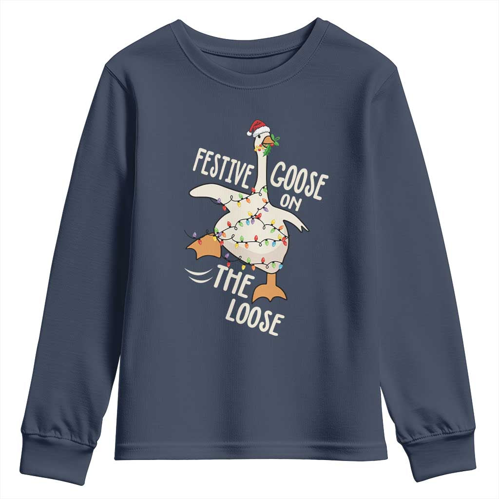 Funny Goose Christmas Youth Sweatshirt Festive Goose On The Loose Xmas Lights - Wonder Print Shop