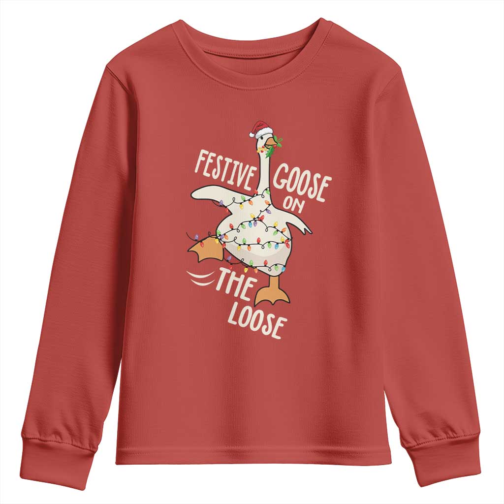 Funny Goose Christmas Youth Sweatshirt Festive Goose On The Loose Xmas Lights - Wonder Print Shop