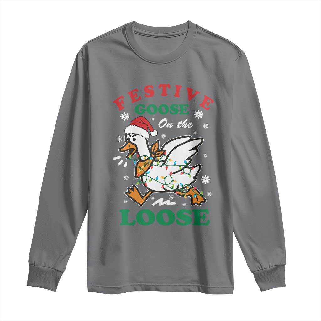 Funny Goose Christmas Long Sleeve Shirt Festive Goose On The Loose Xmas Holiday - Wonder Print Shop