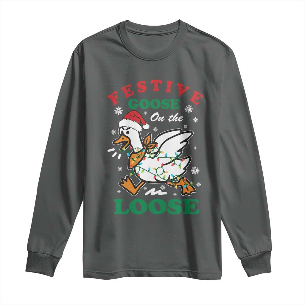 Funny Goose Christmas Long Sleeve Shirt Festive Goose On The Loose Xmas Holiday - Wonder Print Shop