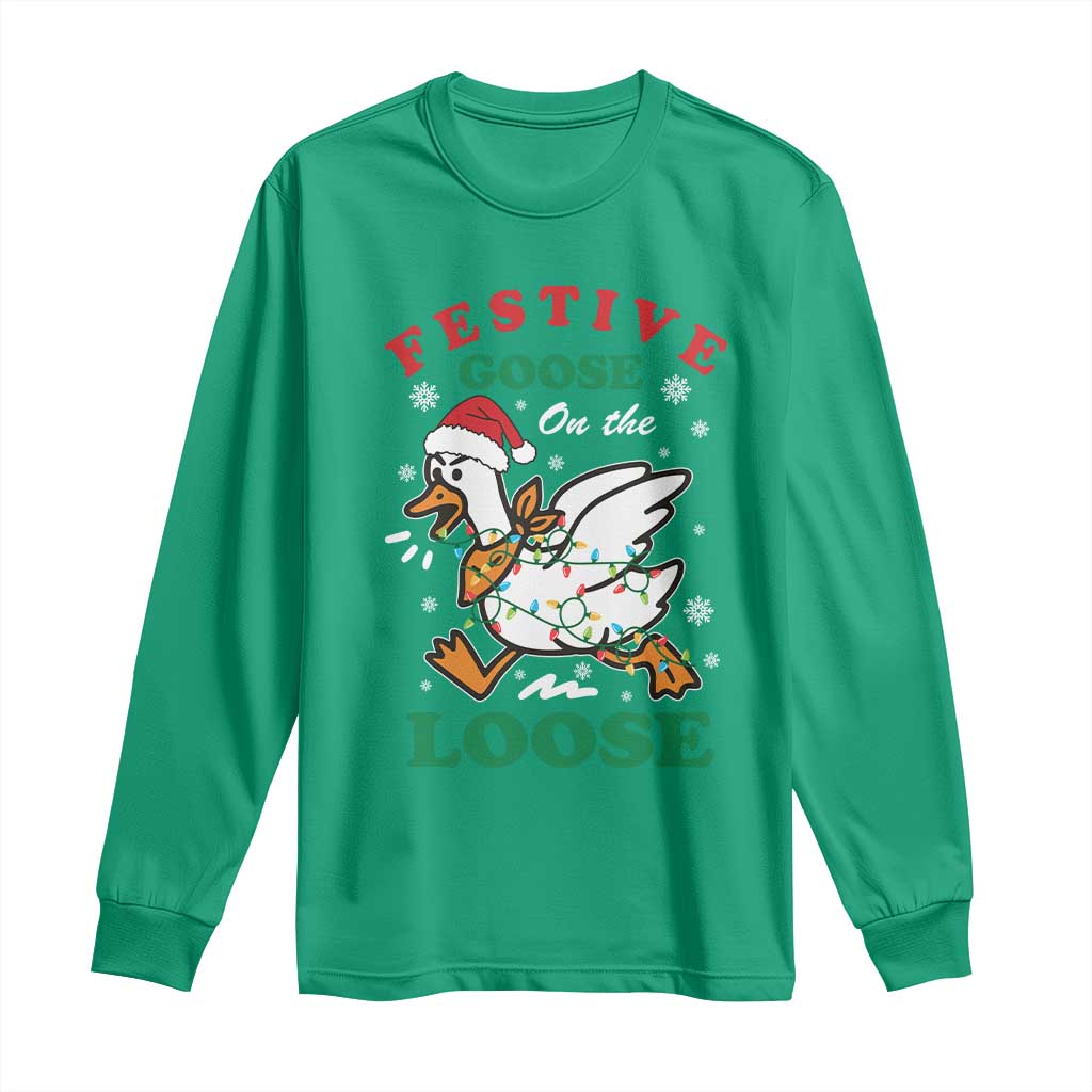 Funny Goose Christmas Long Sleeve Shirt Festive Goose On The Loose Xmas Holiday - Wonder Print Shop
