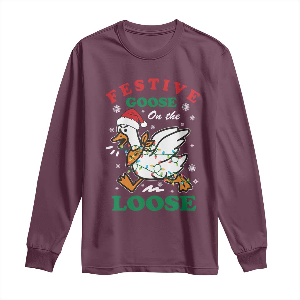 Funny Goose Christmas Long Sleeve Shirt Festive Goose On The Loose Xmas Holiday - Wonder Print Shop