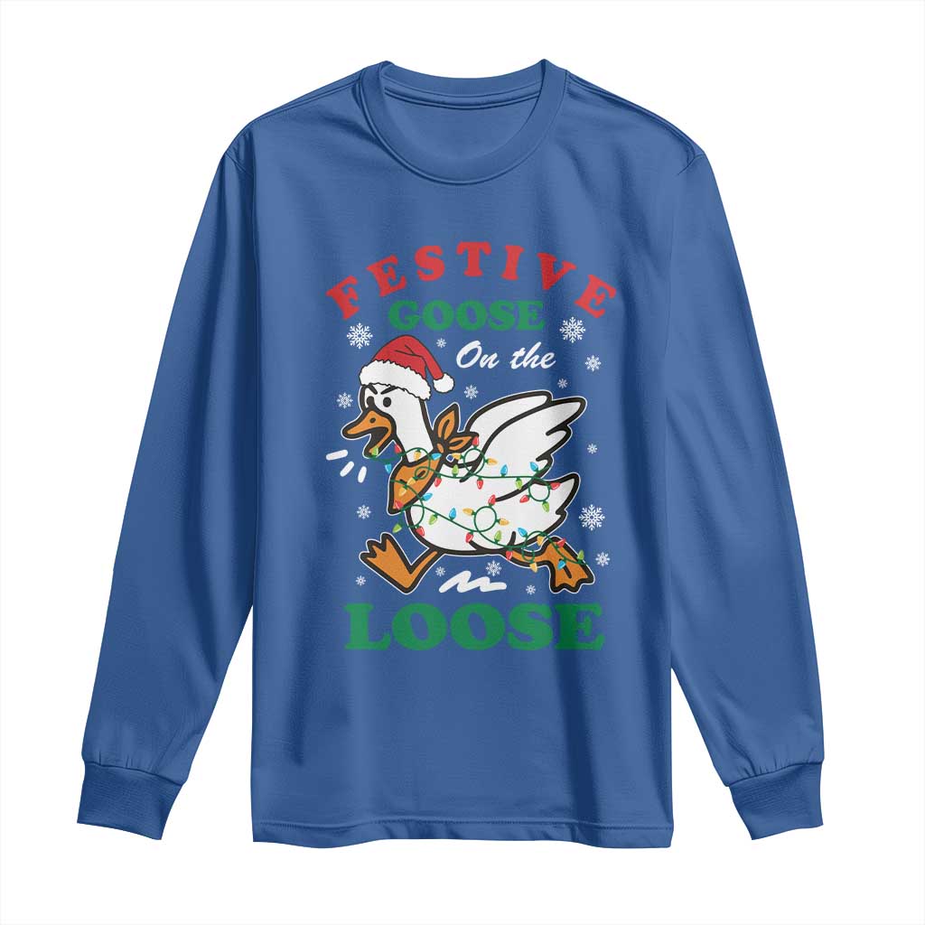 Funny Goose Christmas Long Sleeve Shirt Festive Goose On The Loose Xmas Holiday - Wonder Print Shop