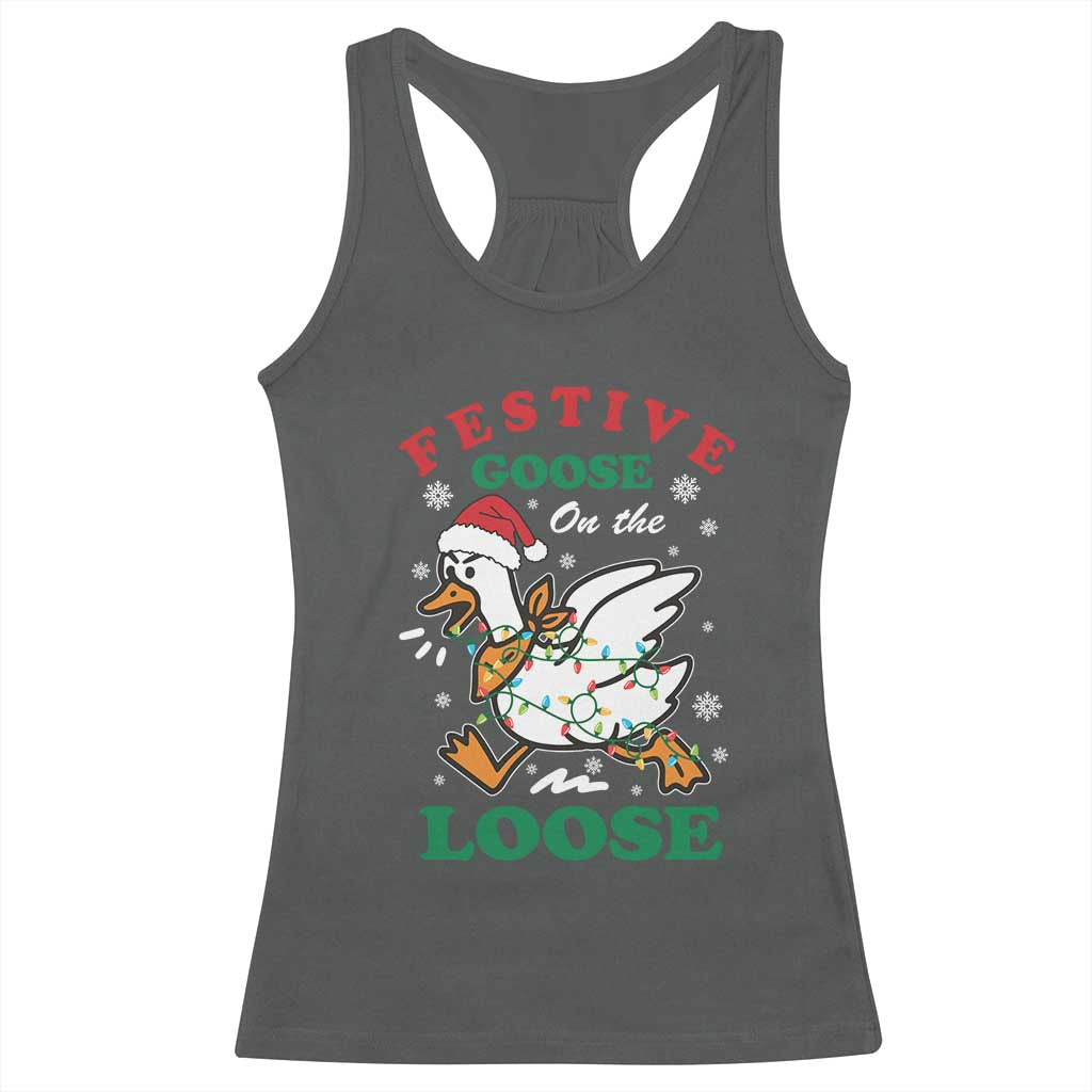 Funny Goose Christmas Racerback Tank Top Festive Goose On The Loose Xmas Holiday - Wonder Print Shop