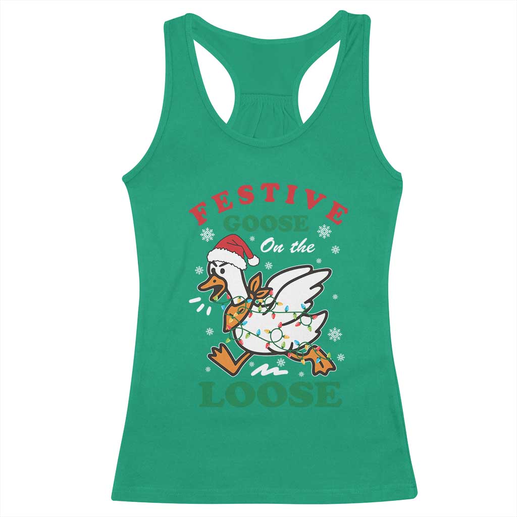 Funny Goose Christmas Racerback Tank Top Festive Goose On The Loose Xmas Holiday - Wonder Print Shop