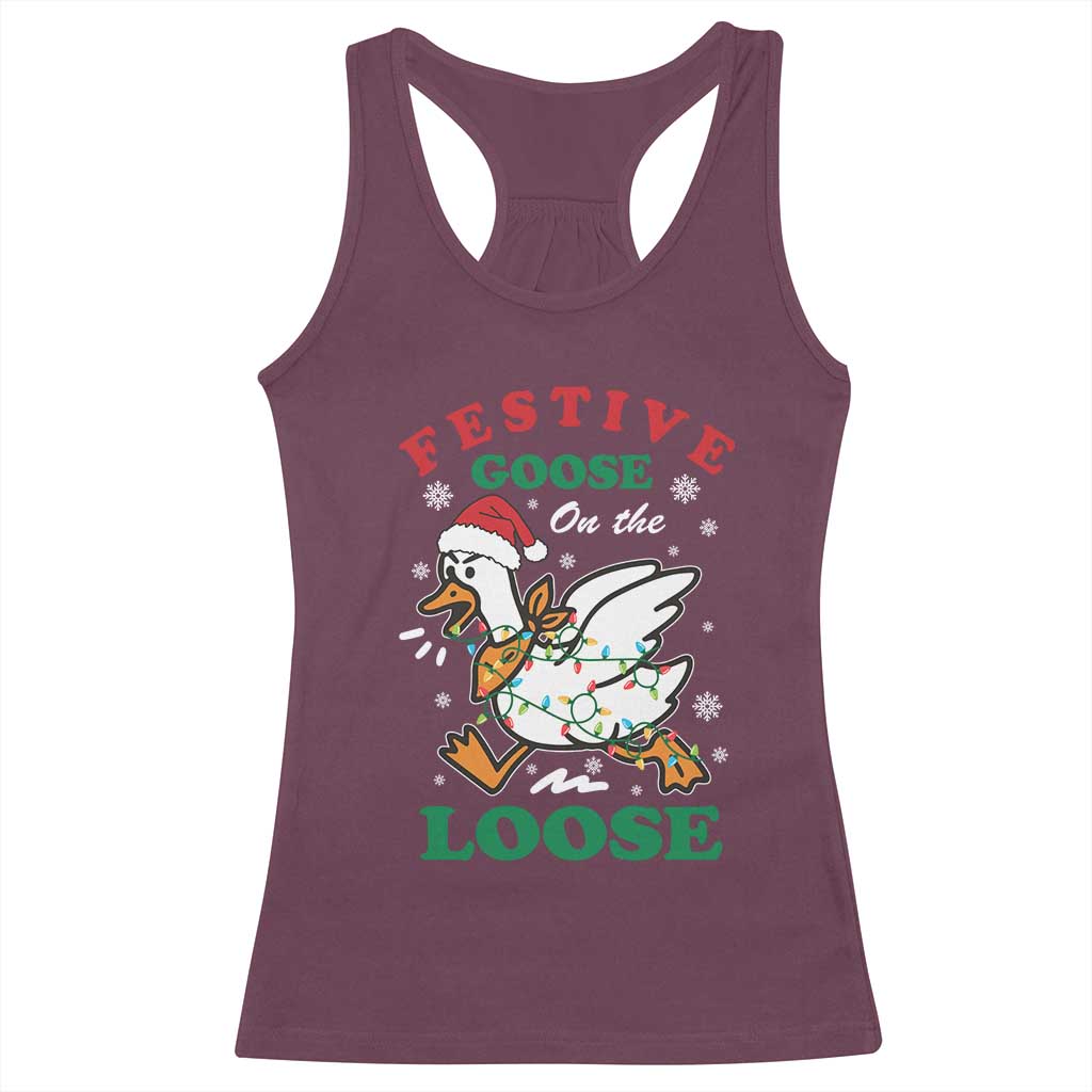 Funny Goose Christmas Racerback Tank Top Festive Goose On The Loose Xmas Holiday - Wonder Print Shop
