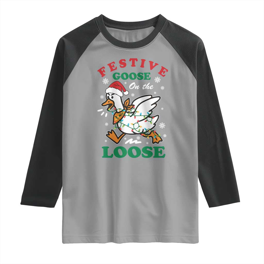 Funny Goose Christmas Raglan Shirt Festive Goose On The Loose Xmas Holiday - Wonder Print Shop