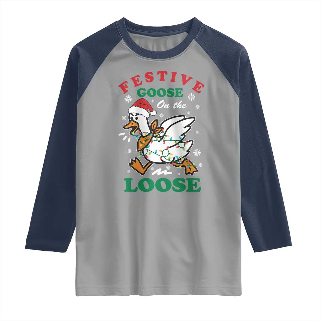 Funny Goose Christmas Raglan Shirt Festive Goose On The Loose Xmas Holiday - Wonder Print Shop
