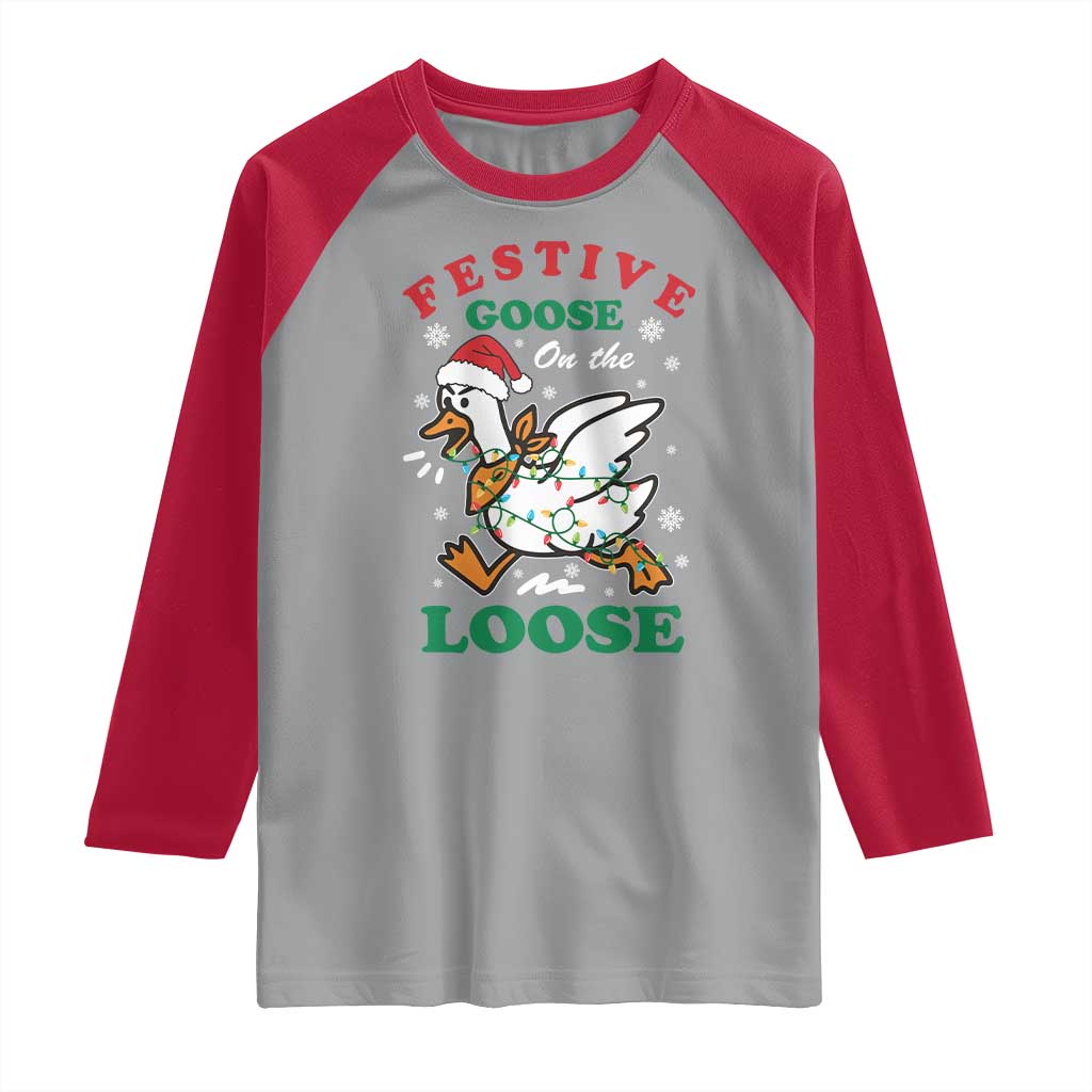 Funny Goose Christmas Raglan Shirt Festive Goose On The Loose Xmas Holiday - Wonder Print Shop