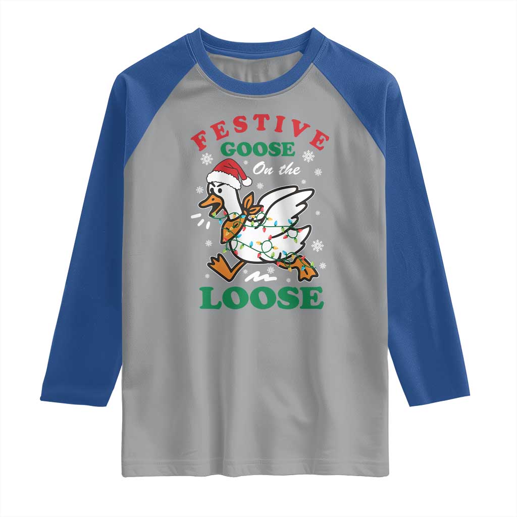 Funny Goose Christmas Raglan Shirt Festive Goose On The Loose Xmas Holiday - Wonder Print Shop