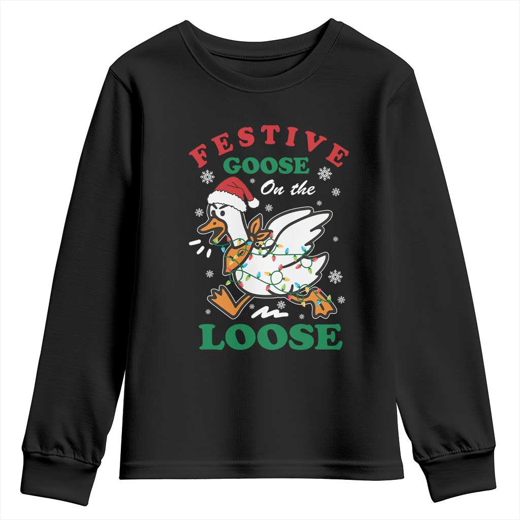 Funny Goose Christmas Youth Sweatshirt Festive Goose On The Loose Xmas Holiday - Wonder Print Shop
