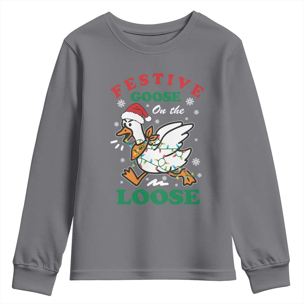Funny Goose Christmas Youth Sweatshirt Festive Goose On The Loose Xmas Holiday - Wonder Print Shop