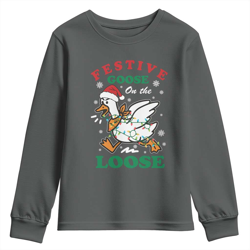 Funny Goose Christmas Youth Sweatshirt Festive Goose On The Loose Xmas Holiday - Wonder Print Shop
