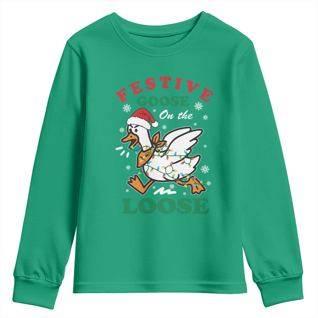 Funny Goose Christmas Youth Sweatshirt Festive Goose On The Loose Xmas Holiday - Wonder Print Shop