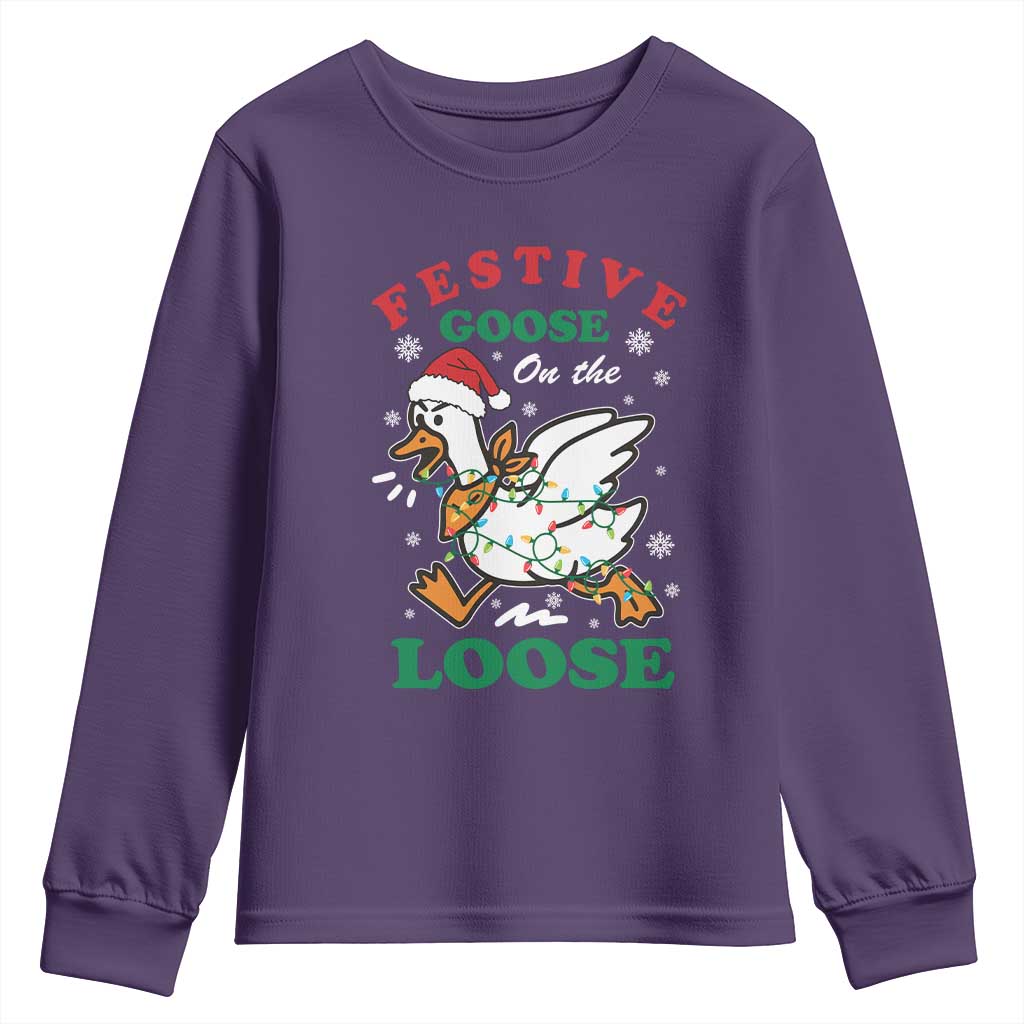 Funny Goose Christmas Youth Sweatshirt Festive Goose On The Loose Xmas Holiday - Wonder Print Shop