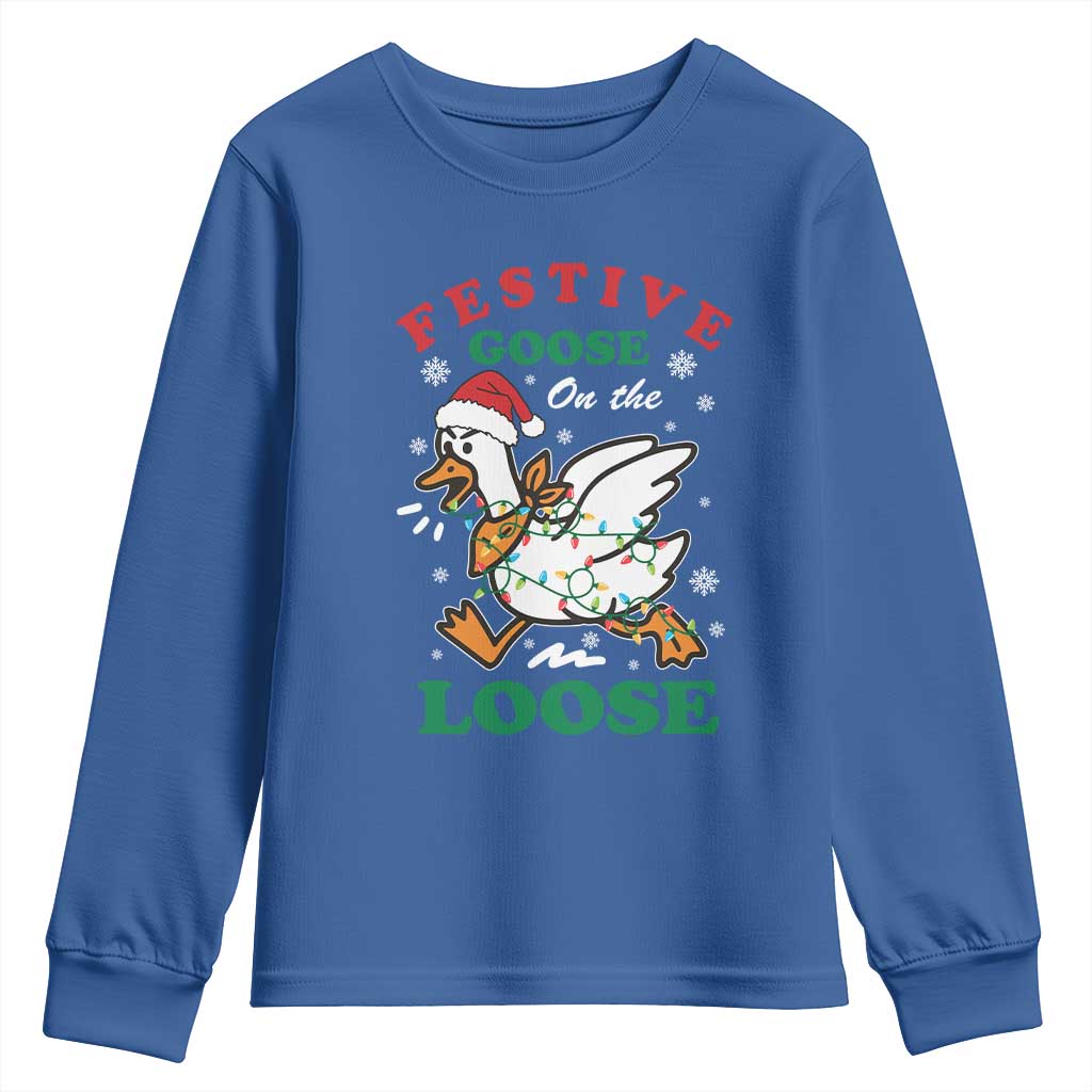 Funny Goose Christmas Youth Sweatshirt Festive Goose On The Loose Xmas Holiday - Wonder Print Shop