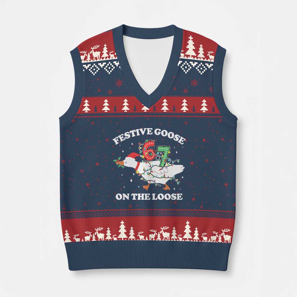Funny Goose 67 Xmas V-Neck Knit Sweater Vest Festive Goose On The Loose Six Seven Meme - Wonder Print Shop
