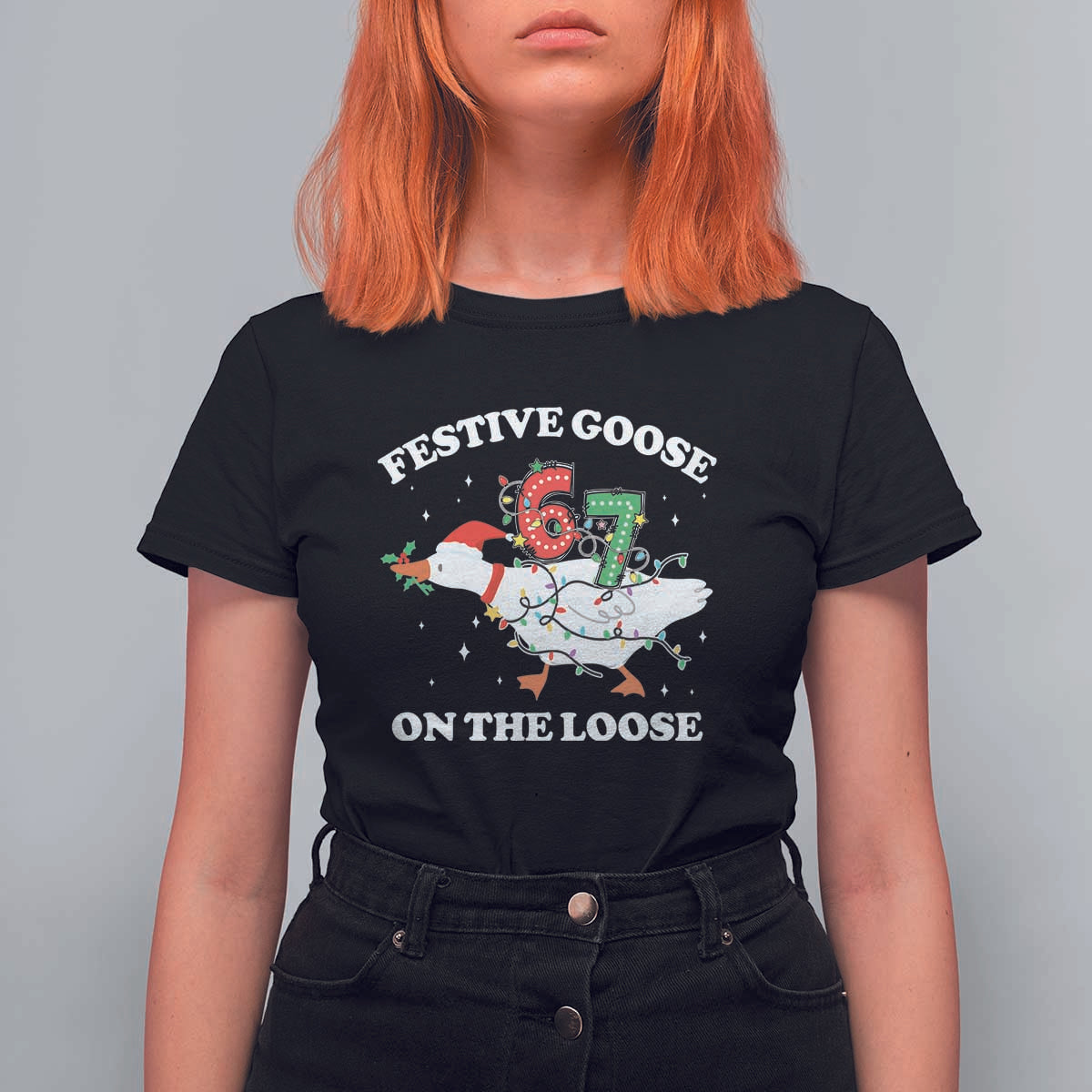 Funny Goose 67 Christmas T Shirt For Women Festive Goose On The Loose Six Seven Meme - Wonder Print Shop