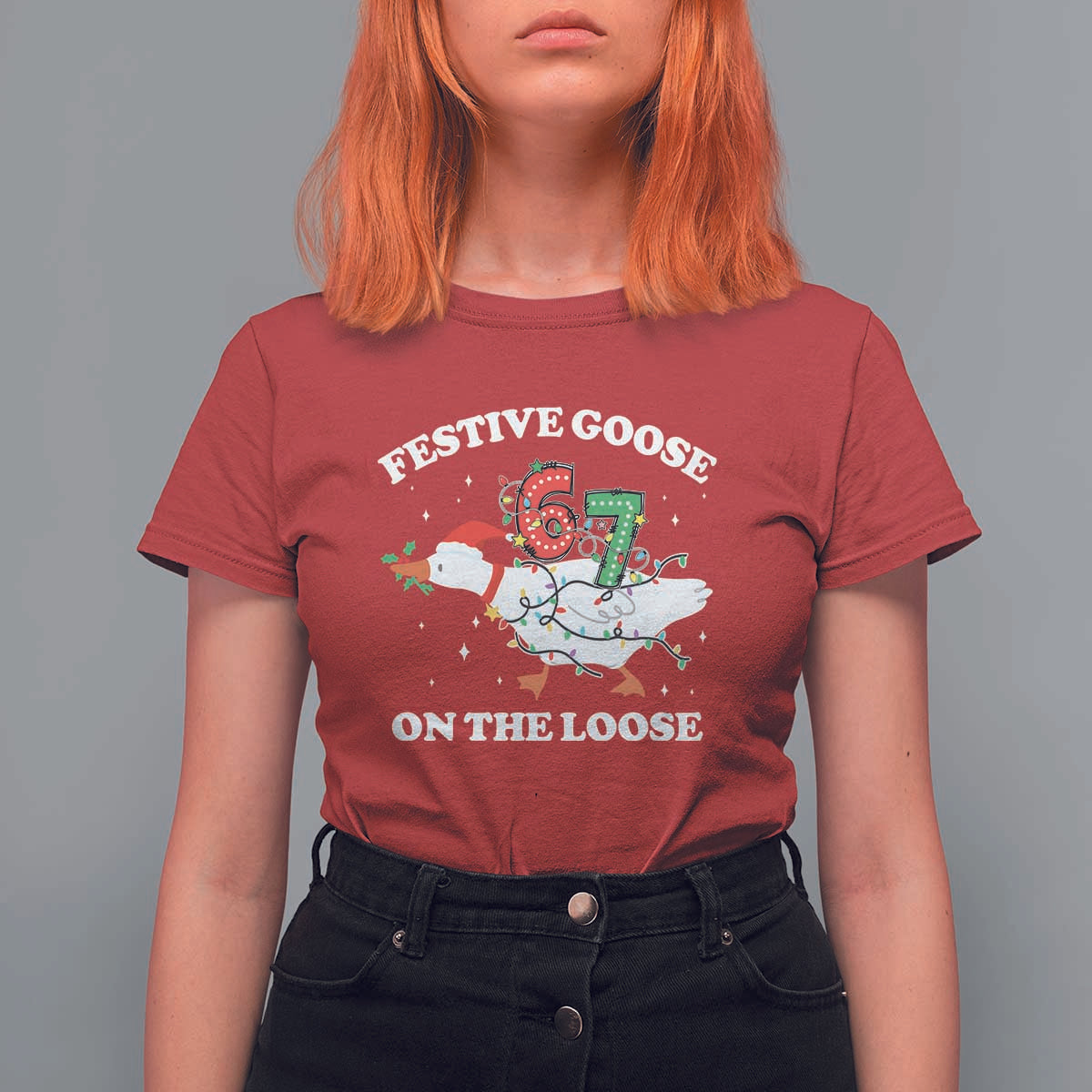 Funny Goose 67 Christmas T Shirt For Women Festive Goose On The Loose Six Seven Meme - Wonder Print Shop