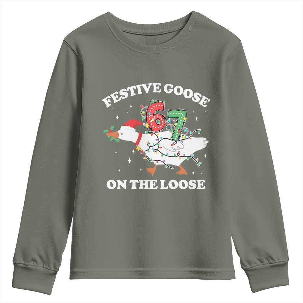 Funny Goose 67 Christmas Youth Sweatshirt Festive Goose On The Loose Six Seven Meme - Wonder Print Shop