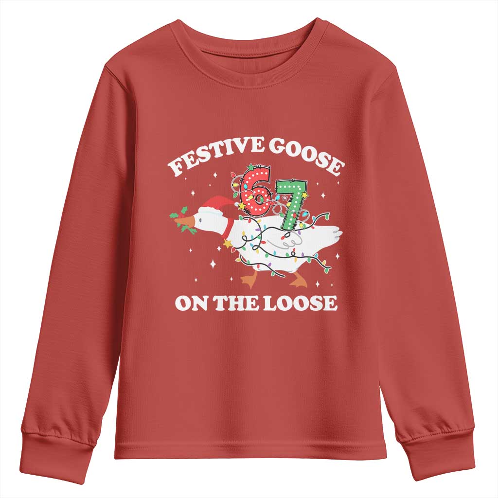 Funny Goose 67 Christmas Youth Sweatshirt Festive Goose On The Loose Six Seven Meme - Wonder Print Shop