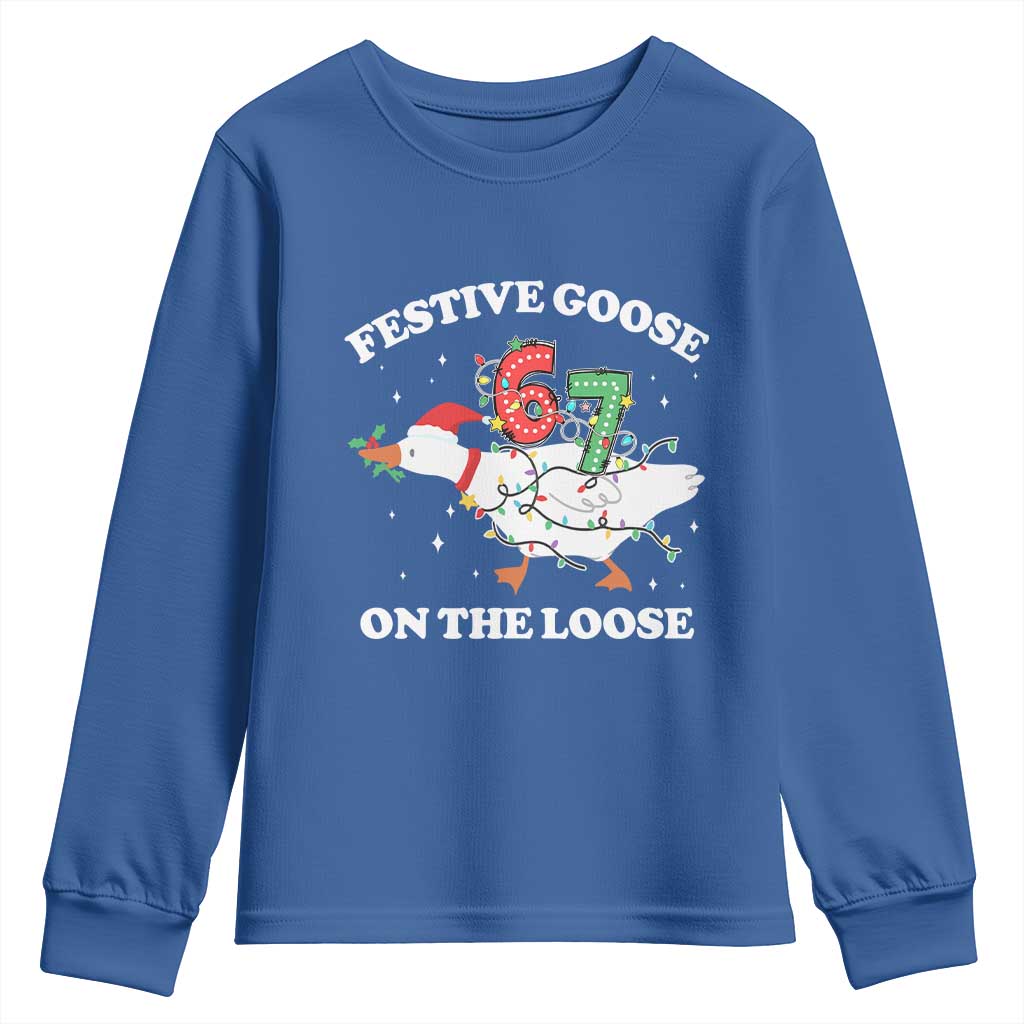 Funny Goose 67 Christmas Youth Sweatshirt Festive Goose On The Loose Six Seven Meme - Wonder Print Shop
