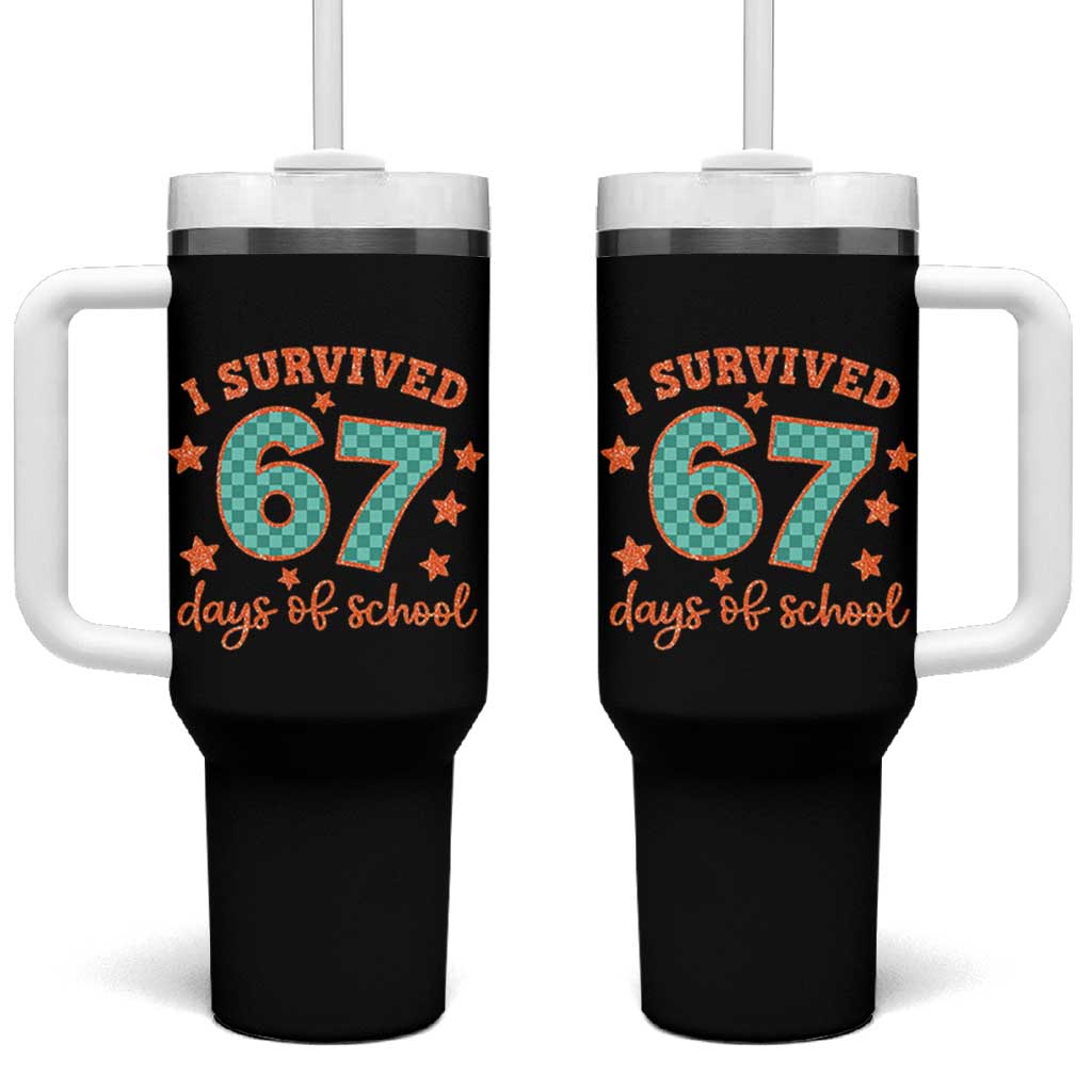 I Survived 67 Days Of School Tumbler With Handle Six Seven Meme Student Teacher Faux Glitter - Wonder Print Shop