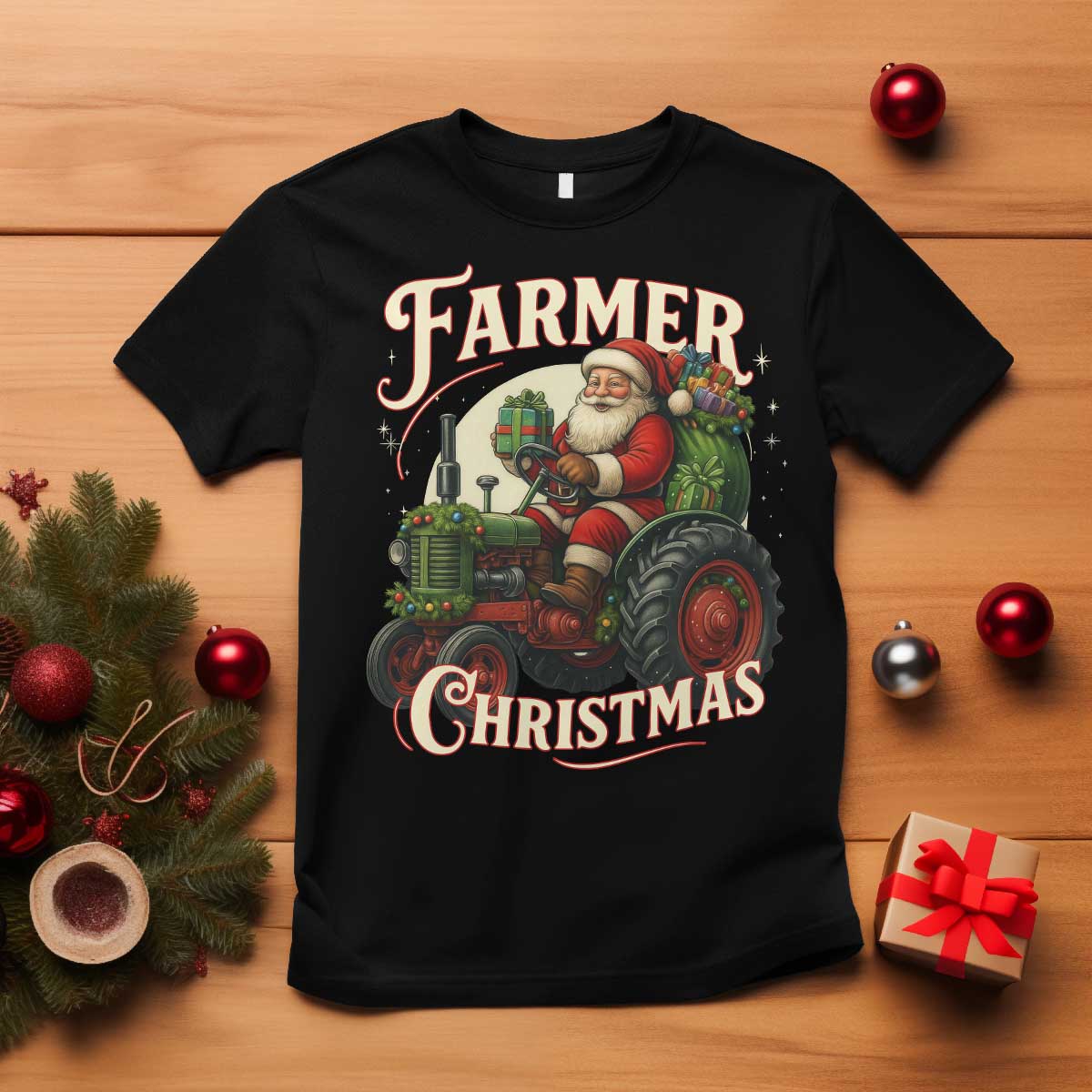 Funny Farmer Christmas Xmas Santa Farm Tractor T Shirt - Wonder Print Shop