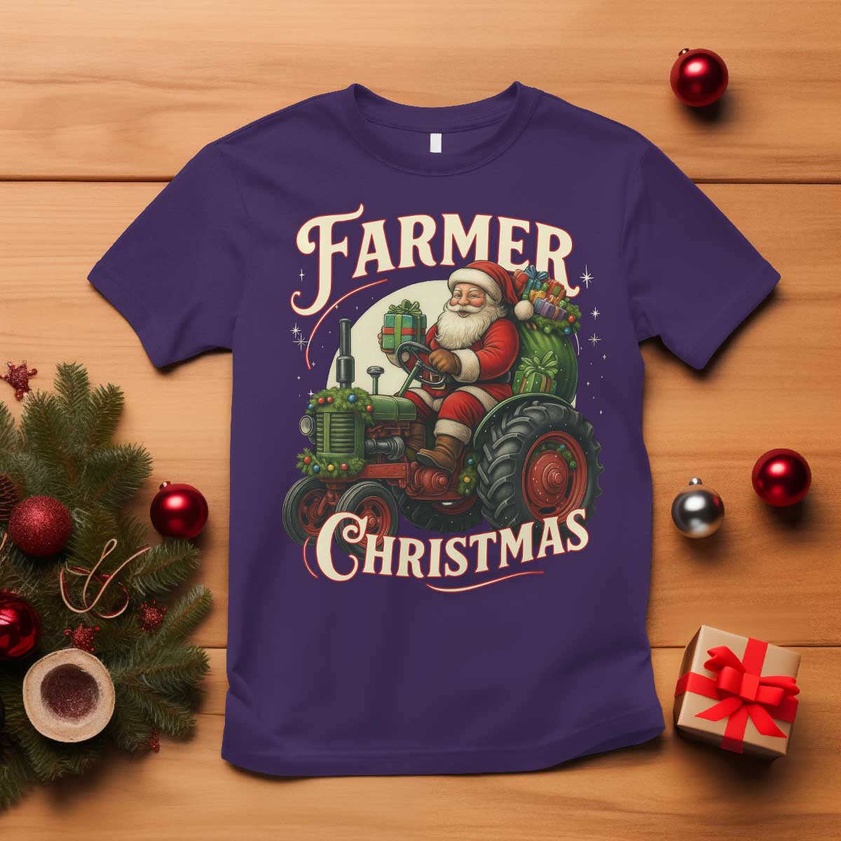 Funny Farmer Christmas Xmas Santa Farm Tractor T Shirt - Wonder Print Shop